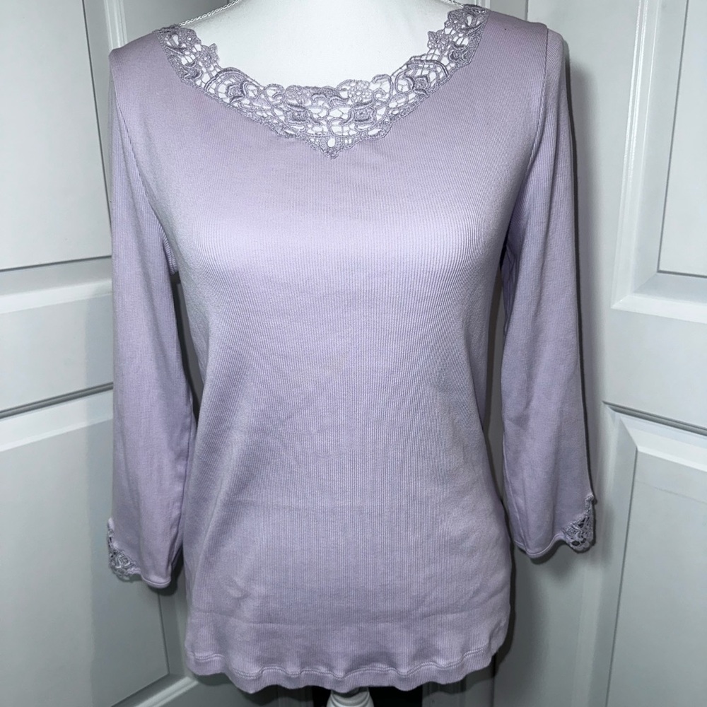 Lauren Ralph Lauren Lavender Lace Trim Ribbed Knit Top Size L